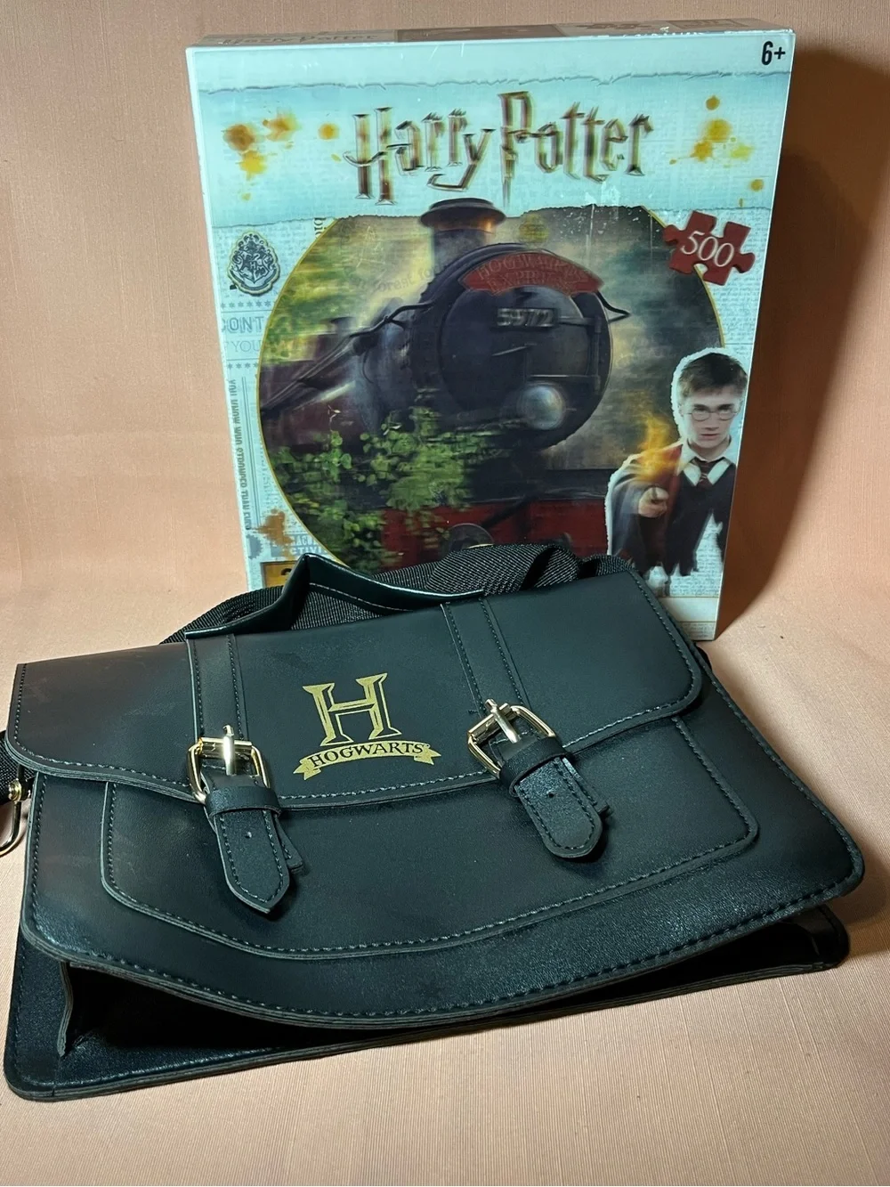 Hogwarts Black Crossbody Satchel Bag with Gold Emblem & 3D puzzle